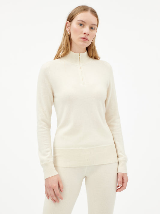 Damen Kaschmir Hochgeschlossener Pullover Mit Reißverschluss Gebrochenes Weiß - Gobi Cashmere