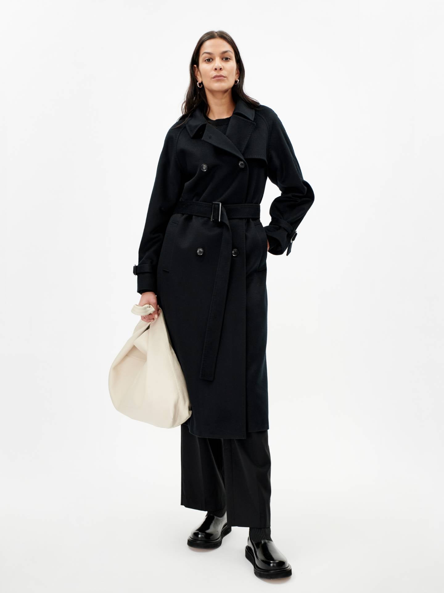 Damen Doppelreihiger Kaschmir-Trenchcoat schwarz - Gobi Cashmere