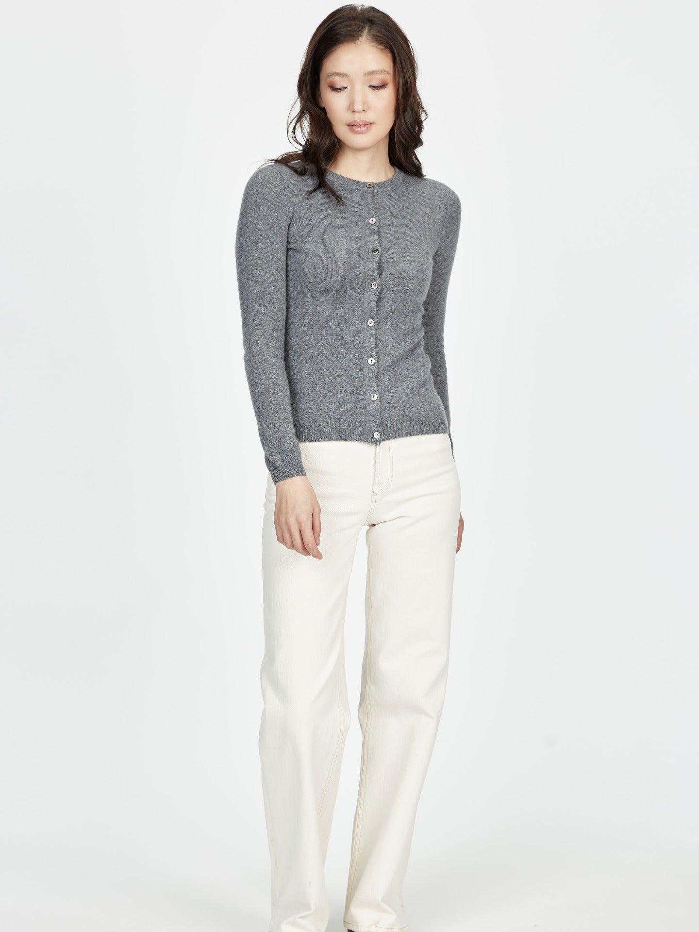 Damen Kaschmir R-Ausschnitt Strickjacke Dunkelgrau - Gobi Cashmere