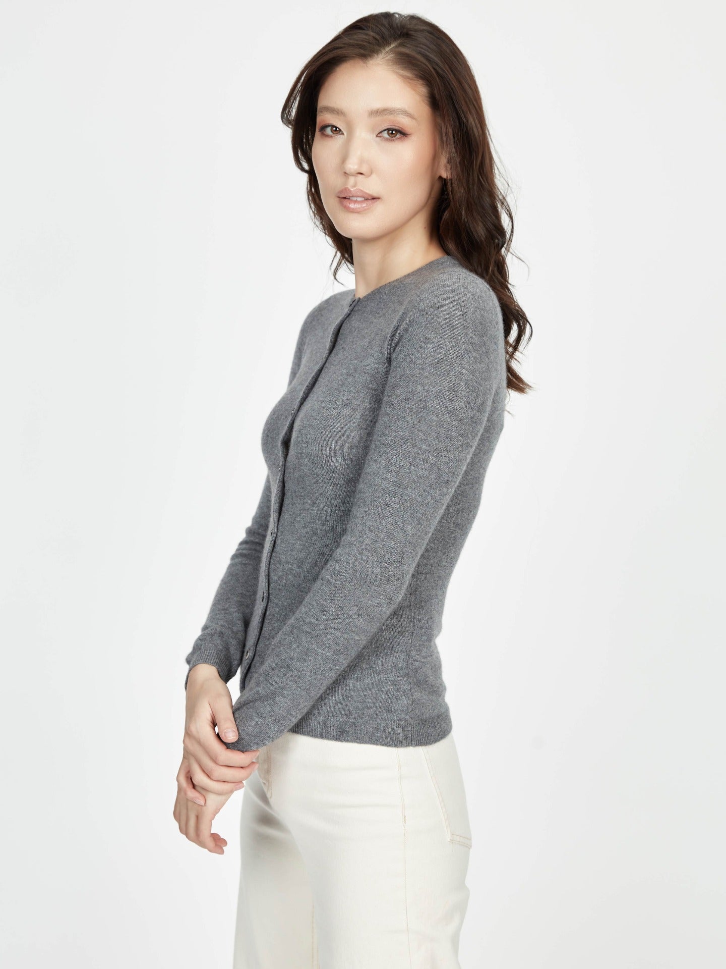 Damen Kaschmir R-Ausschnitt Strickjacke Dunkelgrau - Gobi Cashmere