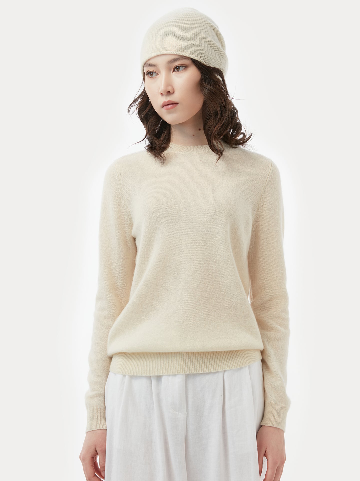 Damen Kaschmir 99€ Set aus Pullover und Mütze Gebrochenes Weiß - Gobi Cashmere
