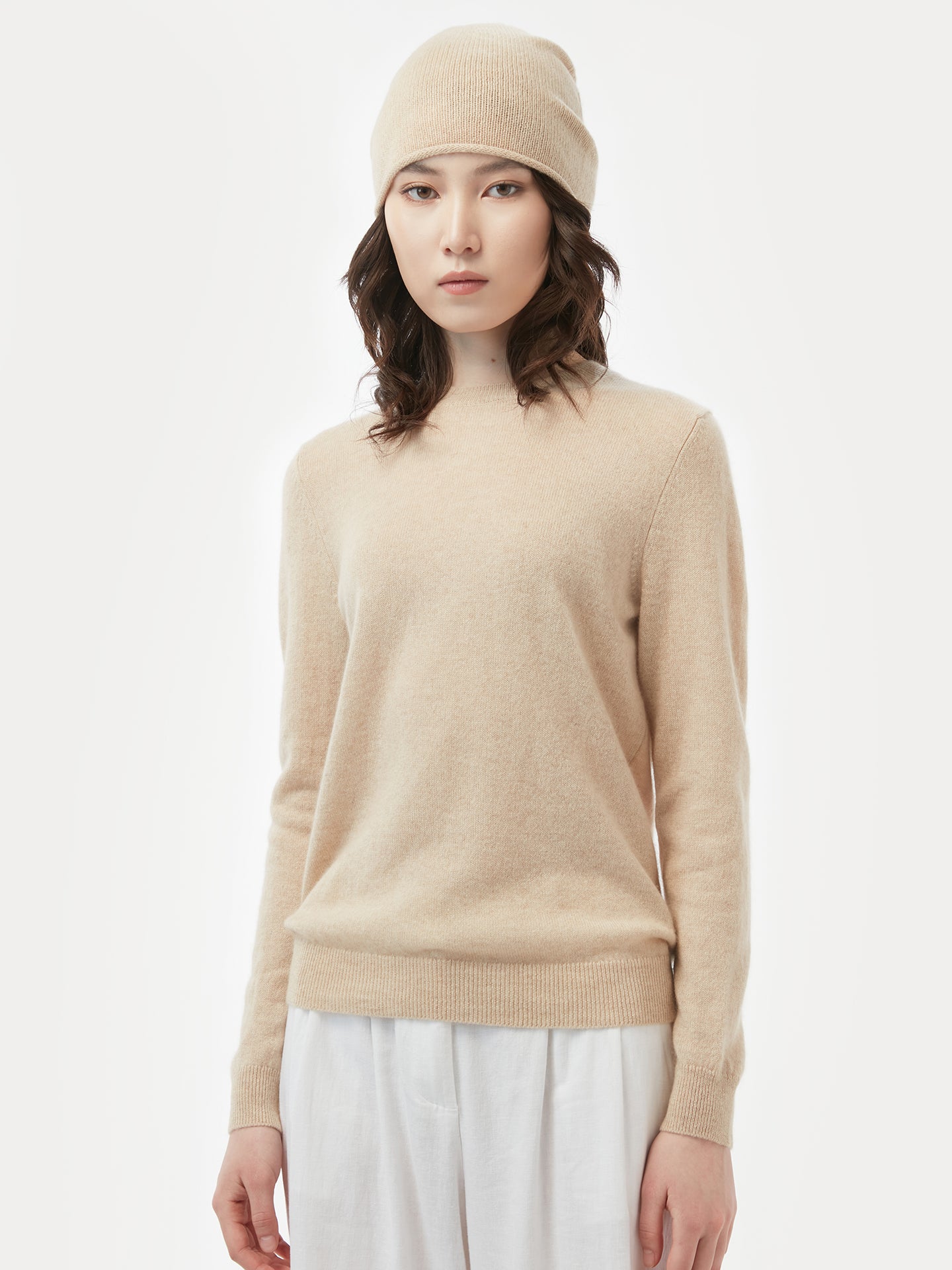 Damen Kaschmir 99€ Set aus Pullover und Mütze Beige - Gobi Cashmere