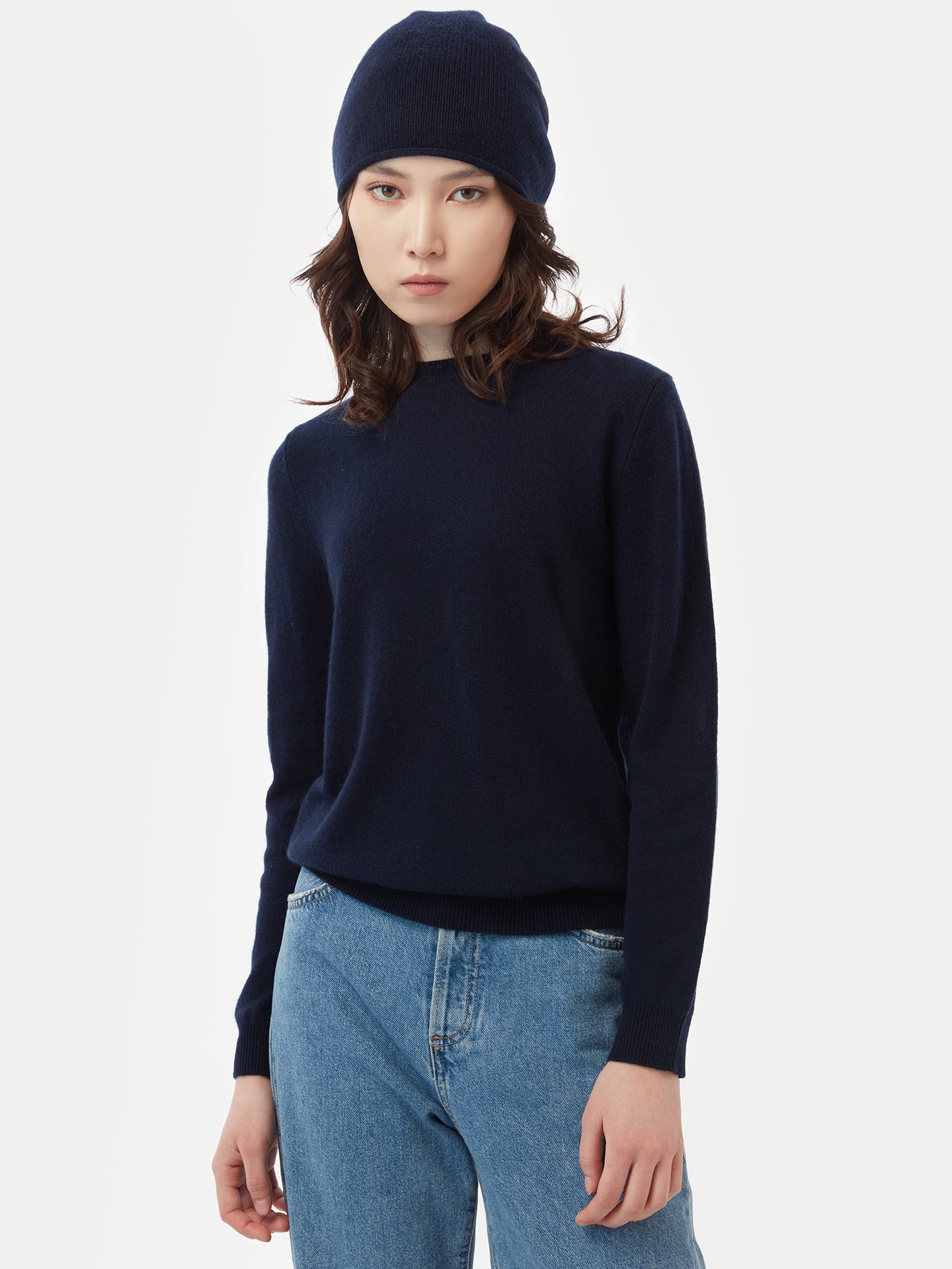 Damen Kaschmir 99€ Set aus Pullover und Mütze Marineblau - Gobi Cashmere