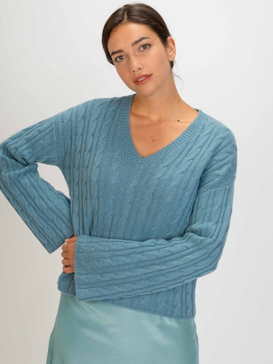 Damen Kaschmir Kurzer Pullover Mit V-Ausschnitt Reef Waters - Gobi Cashmere