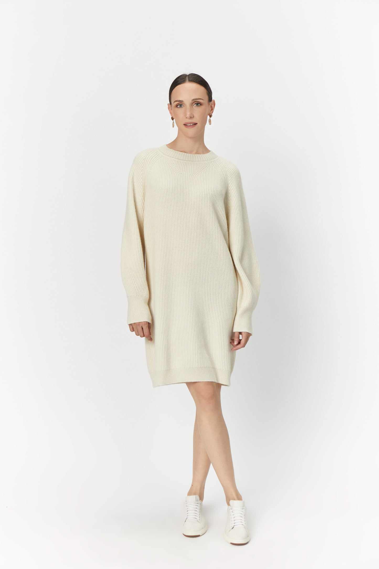 Women's Cashmere Tuck Knit Dress off  White- Gobi Cashmere