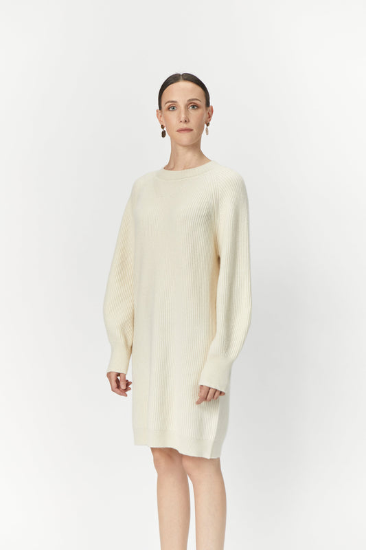 Women's Cashmere Tuck Knit Dress off  White- Gobi Cashmere