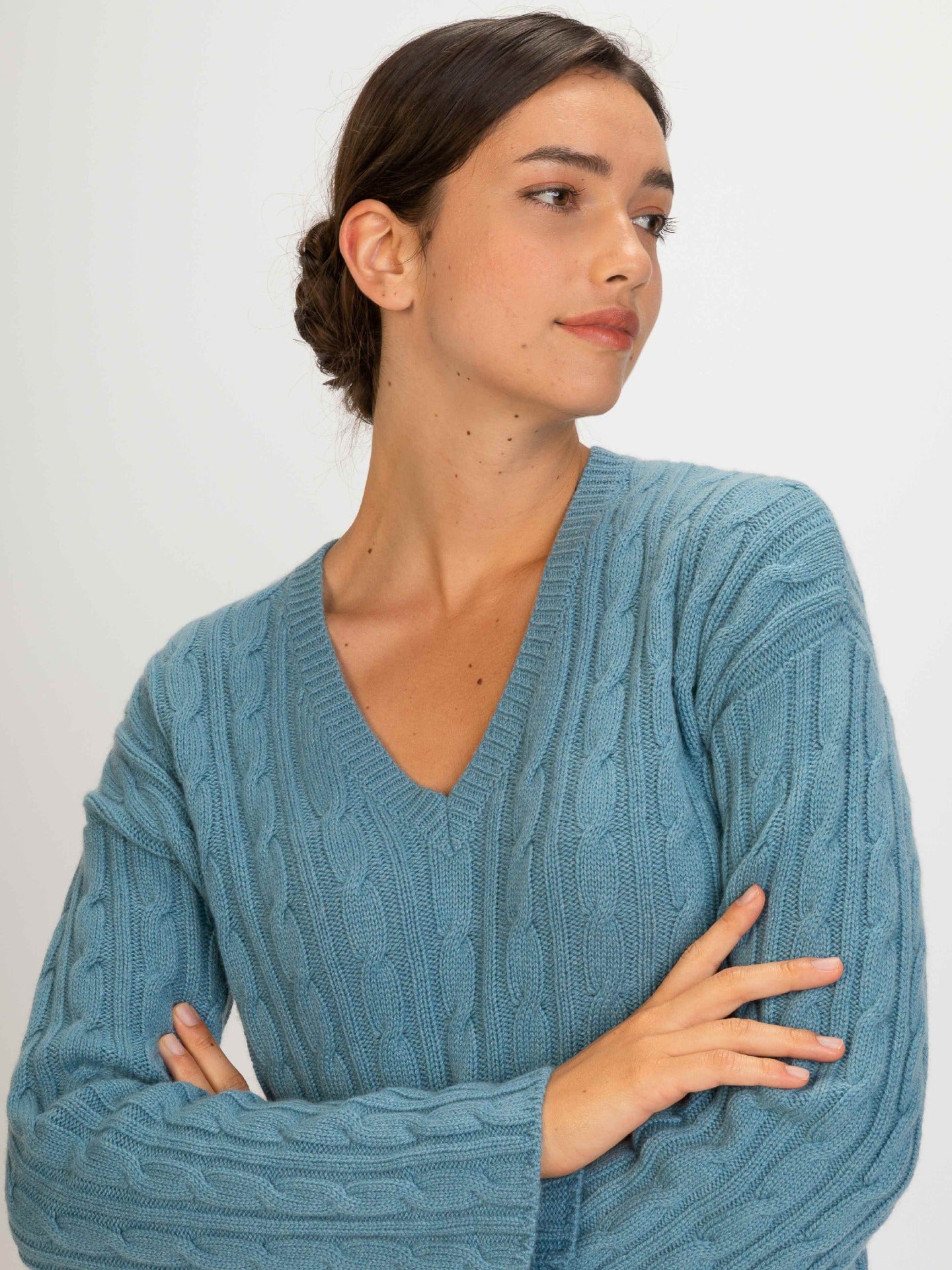 Damen Kaschmir Kurzer Pullover Mit V-Ausschnitt Reef Waters - Gobi Cashmere