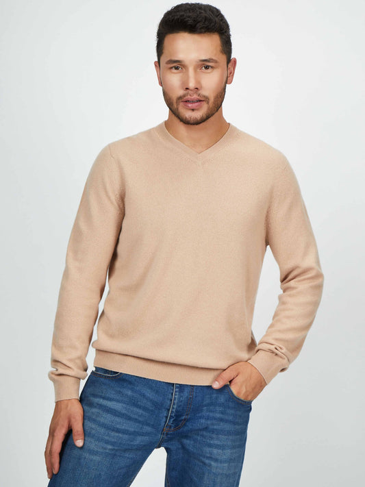 Herren Kaschmir Basic V-Ausschnitt Pullover Hellkamel - Gobi Cashmere