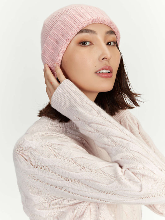 Unisex Kaschmir Rippenstrick-Mütze Puderrosa - Gobi Cashmere