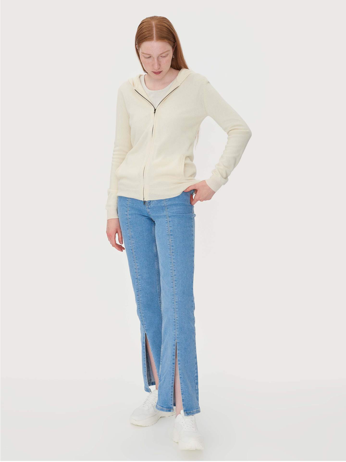 Damen Kaschmir Kapuzen-Strickjacke Mit Reißverschluss Weiß - Gobi Cashmere