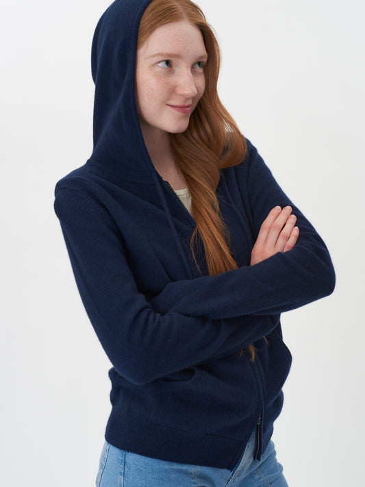 Damen Kaschmir Kapuzen-Strickjacke Mit Reißverschluss Marineblau - Gobi Cashmere