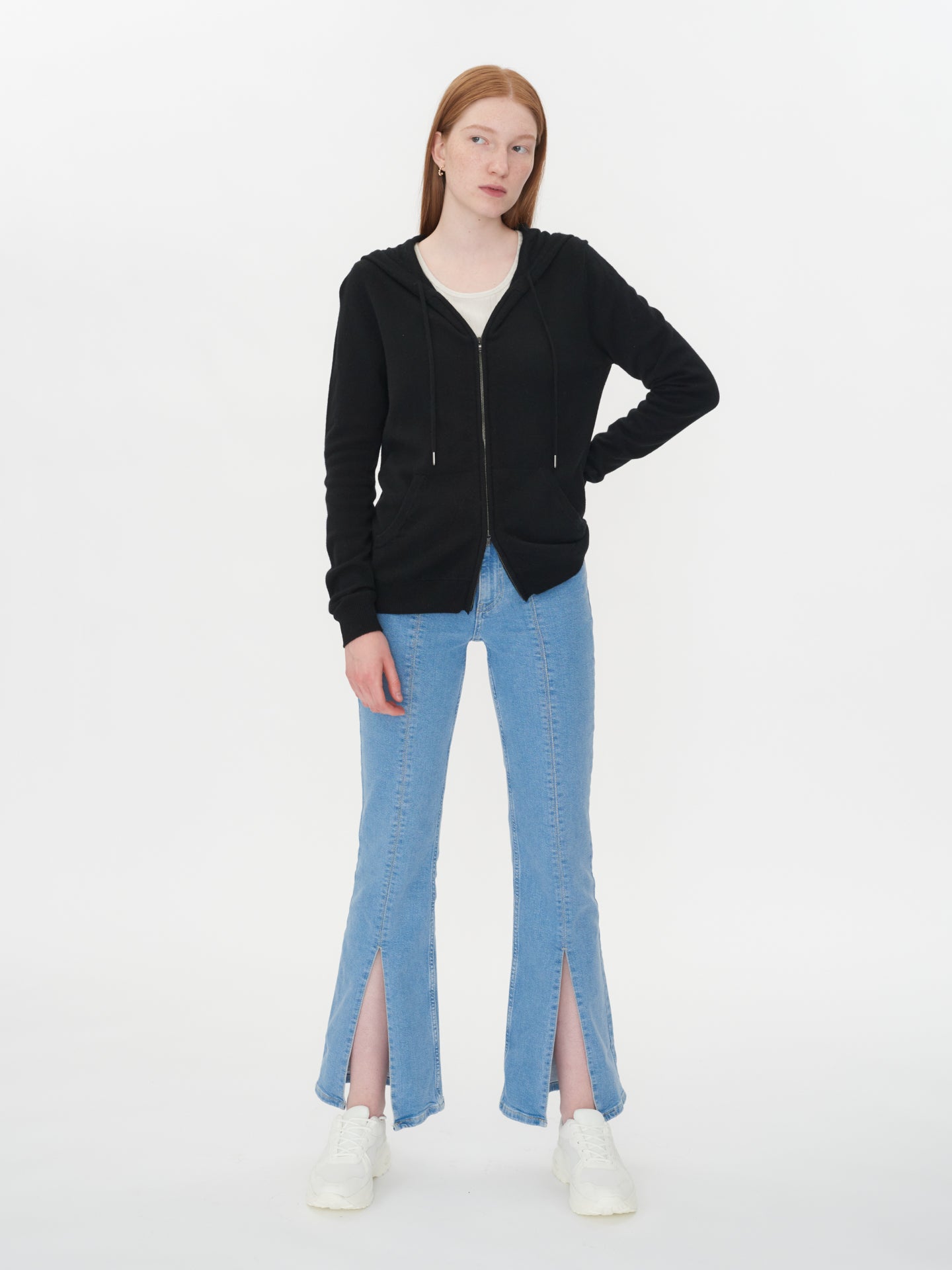 Damen Kaschmir Kapuzen-Strickjacke mit Reißverschluss Schwarz - Gobi Cashmere