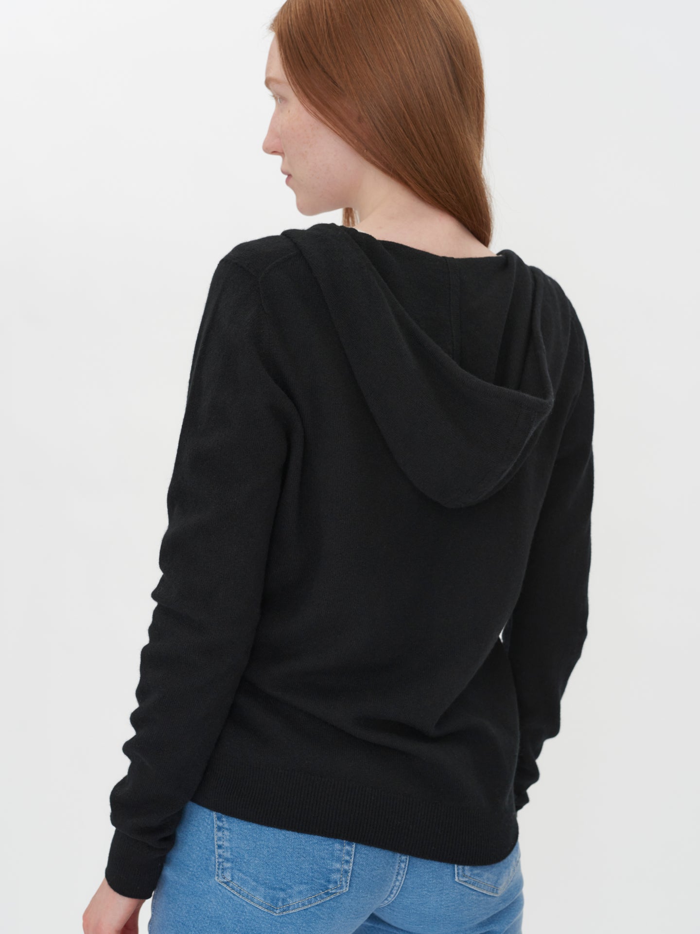 Damen Kaschmir Kapuzen-Strickjacke mit Reißverschluss Schwarz - Gobi Cashmere