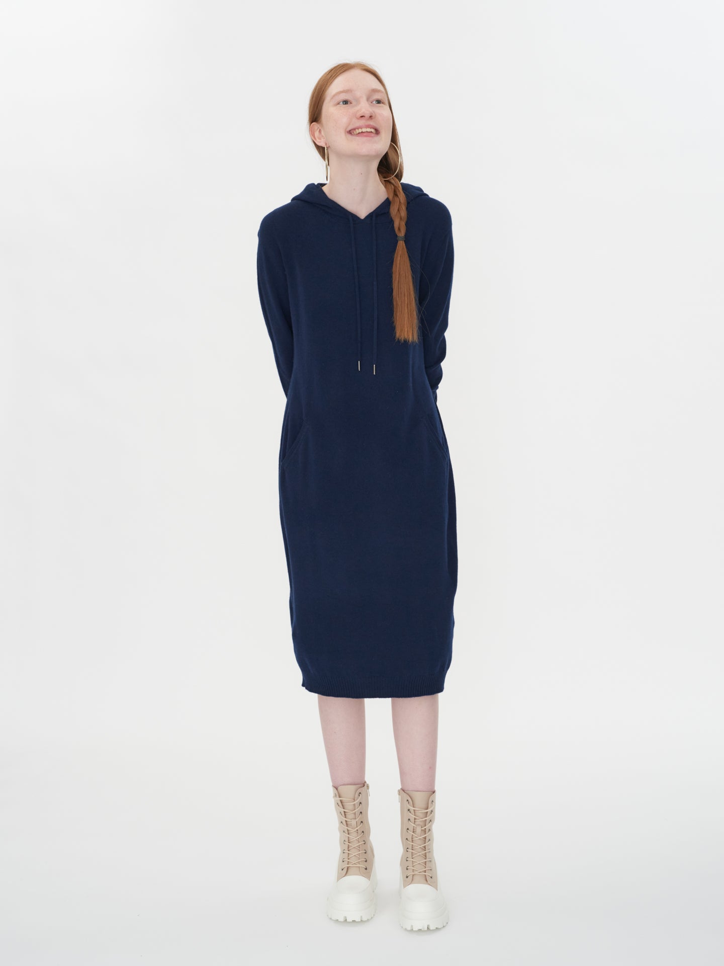 Damen Kaschmir Midikleid Mit Kapuze Marineblau - Gobi Cashmere