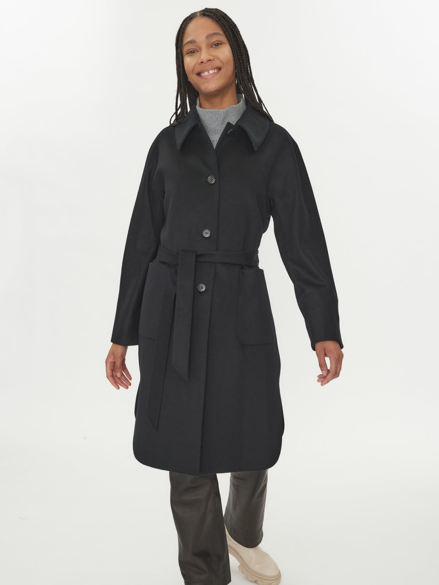 Damen Kaschmir-Mantel Mit Gürtel Schwarz - Gobi Cashmere