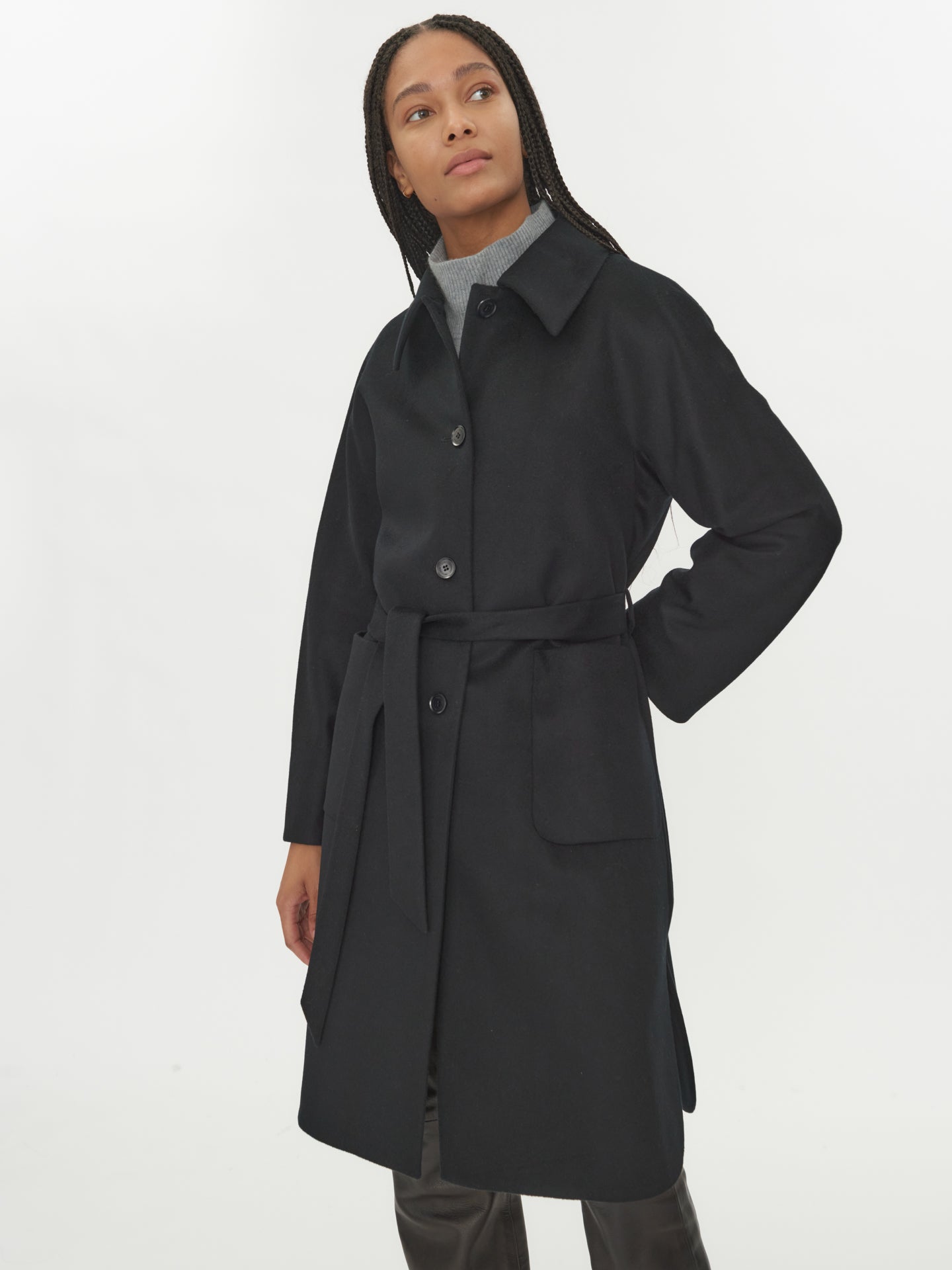 Damen Kaschmir-Mantel Mit Gürtel Schwarz - Gobi Cashmere