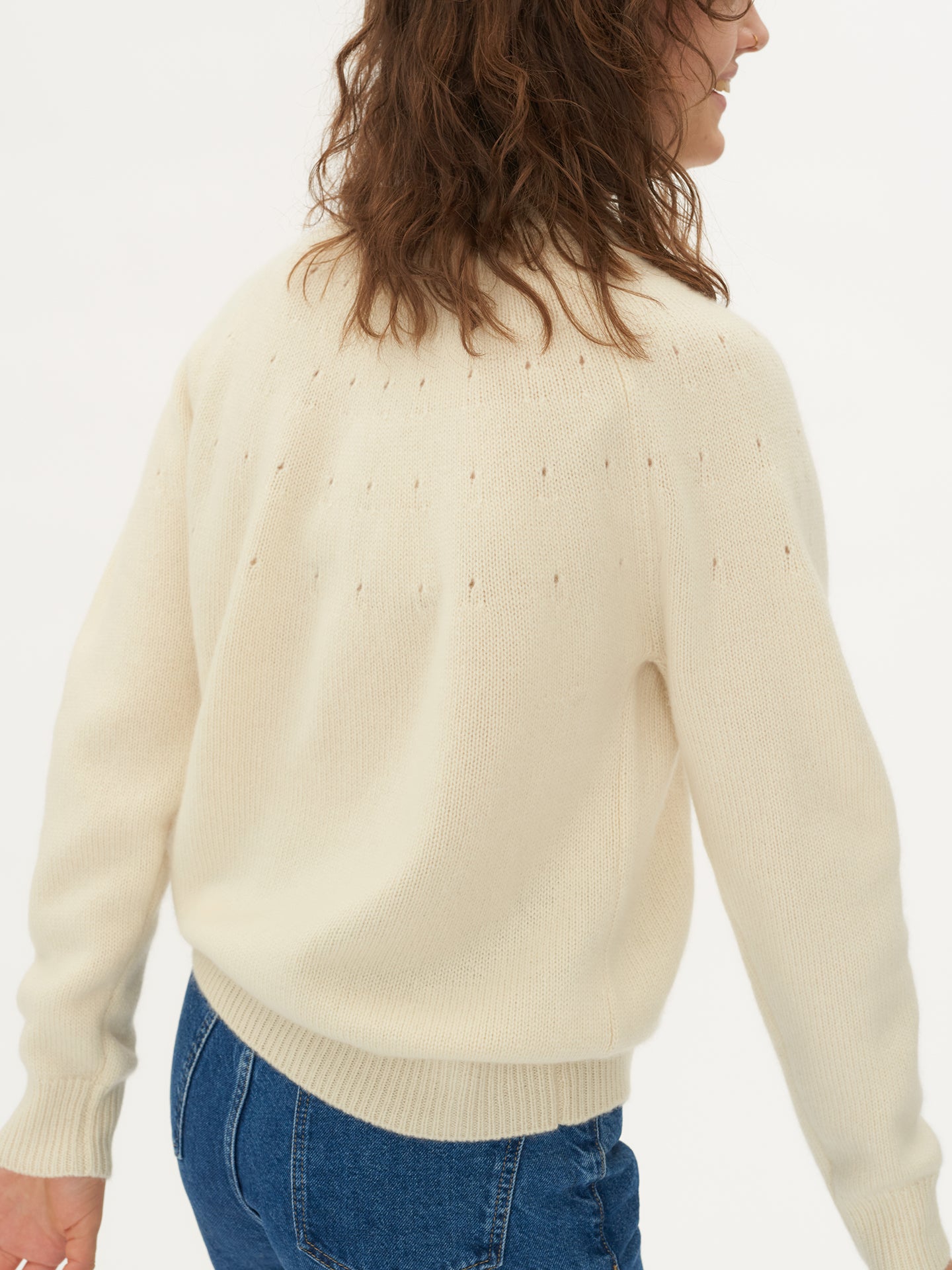 Damen Ajour Rundhalsausschnitt Aus Kaschmir Gebrochenes Weiß - Gobi Cashmere
