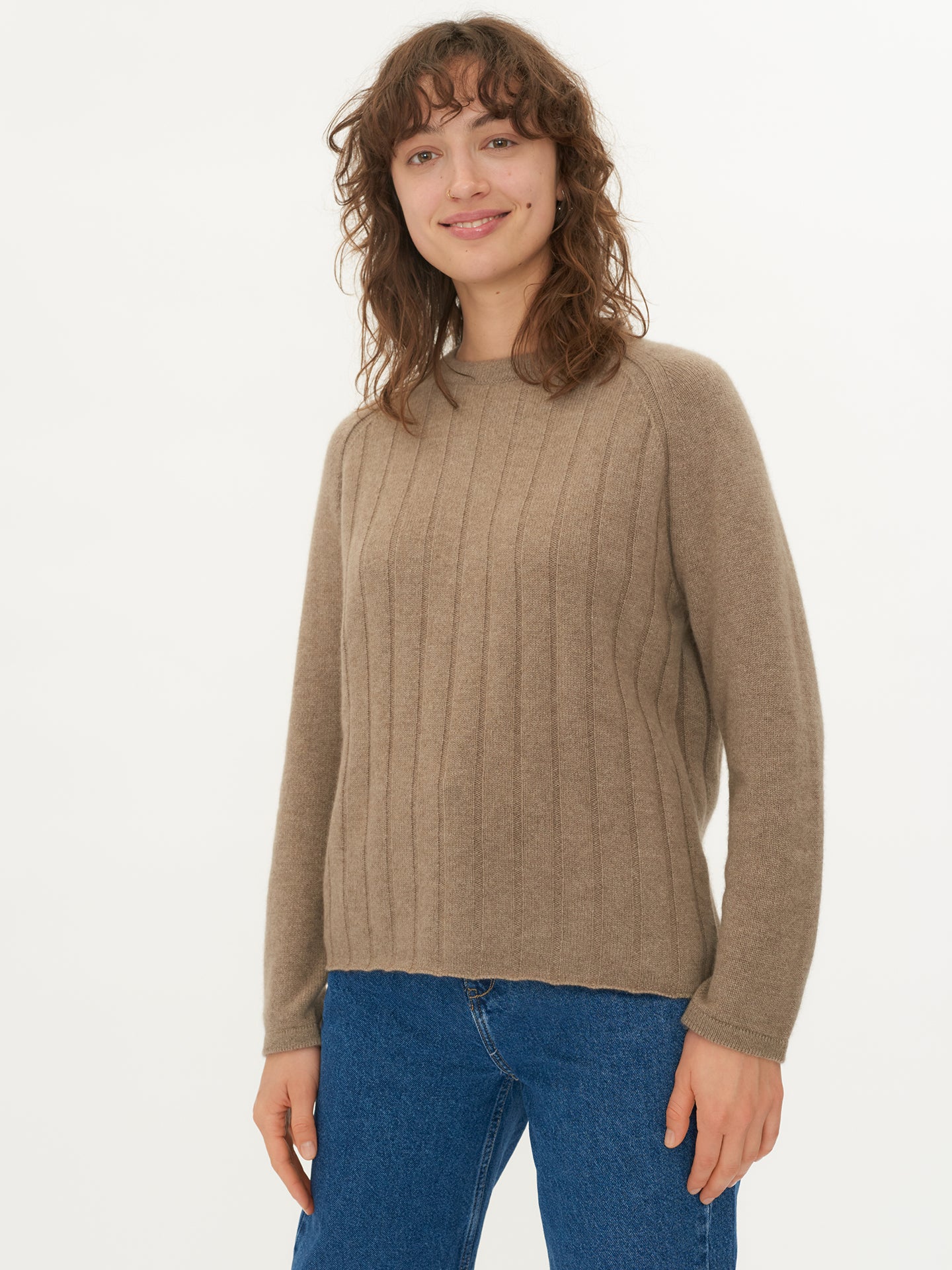 Damen Gerippter Rundhalsausschnitt Aus Kaschmir Taupe - Gobi Cashmere