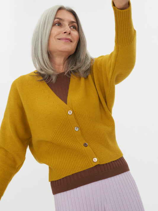 Damen Kaschmir Einfarbiger Cardigan Lemon Curry - Gobi Cashmere