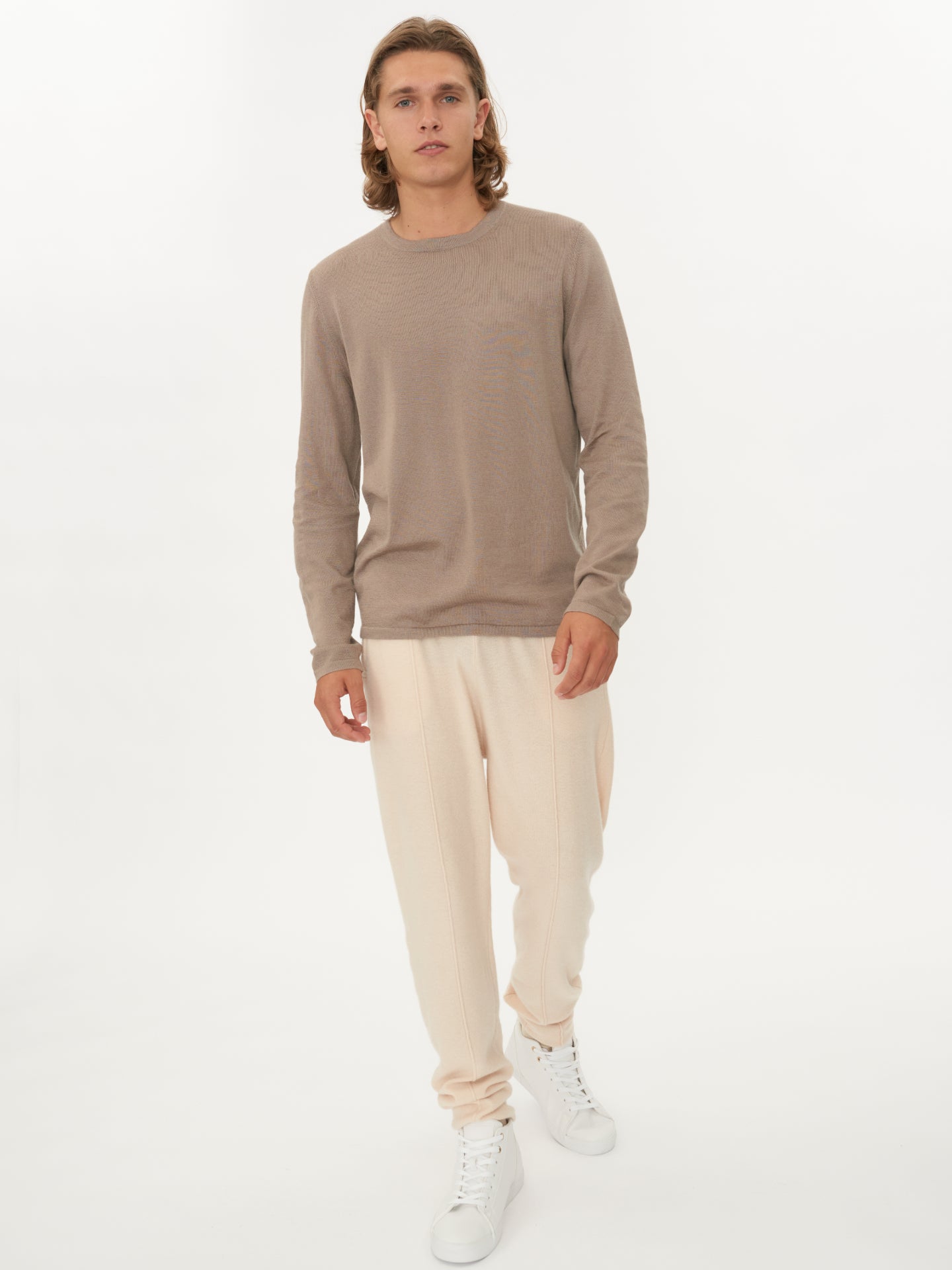 Herren Kaschmir-Seide Rundhalspullover Greige - Gobi-Cashmere