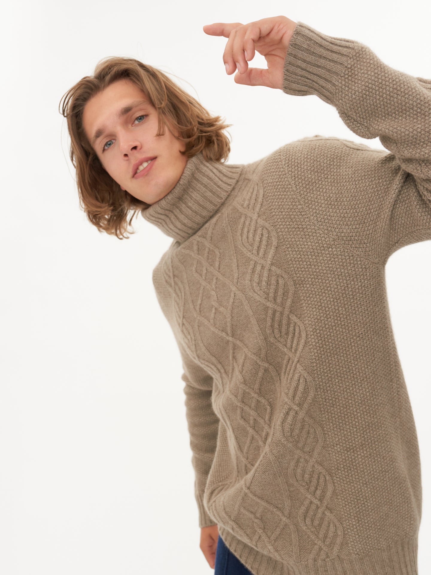 Herren T-Ausschnitt Mit Zopfmuster Aus Kaschmir Taupe - Gobi Cashmere