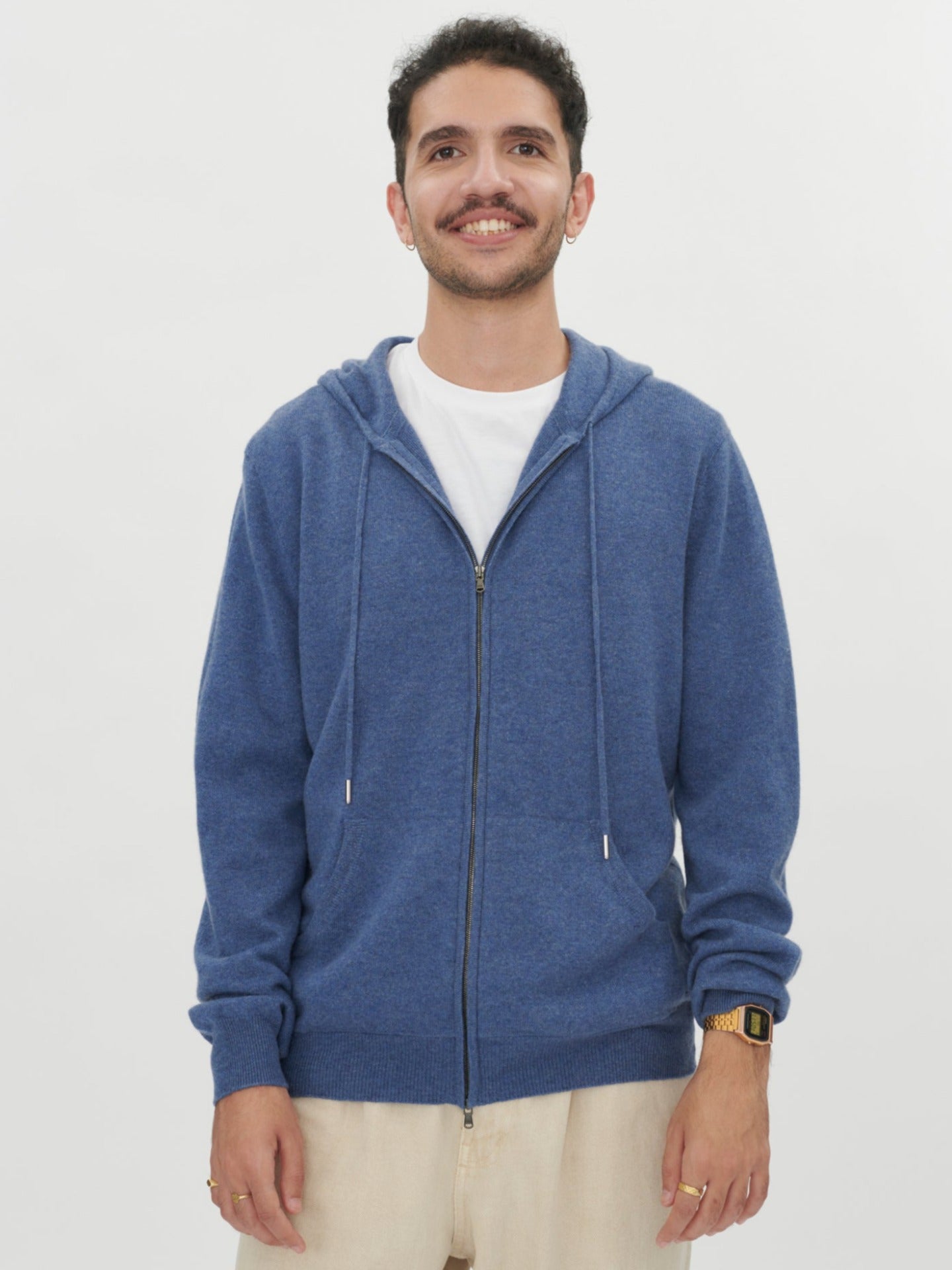Herren Kaschmir Kapuzen-Strickjacke mit Reißverschluss Bijou Blau - Gobi Cashmere