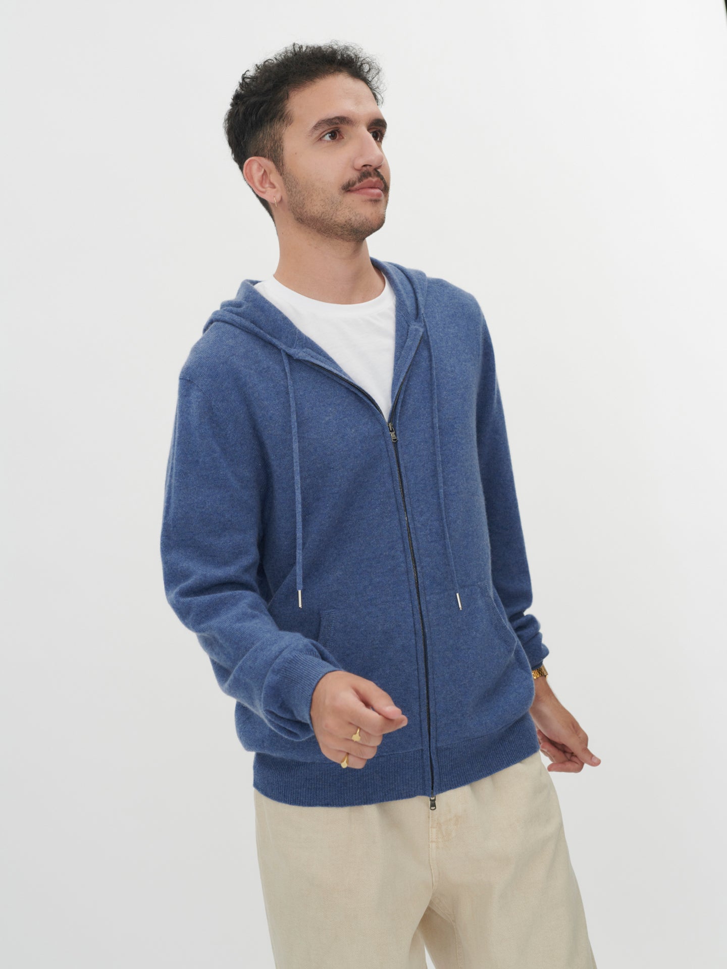 Herren Kaschmir Kapuzen-Strickjacke mit Reißverschluss Bijou Blau - Gobi Cashmere