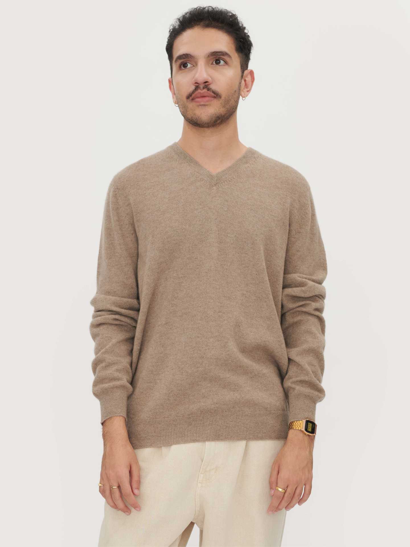 Herren Kaschmir Basic V-Ausschnitt Pullover Taupe - Gobi Cashmere