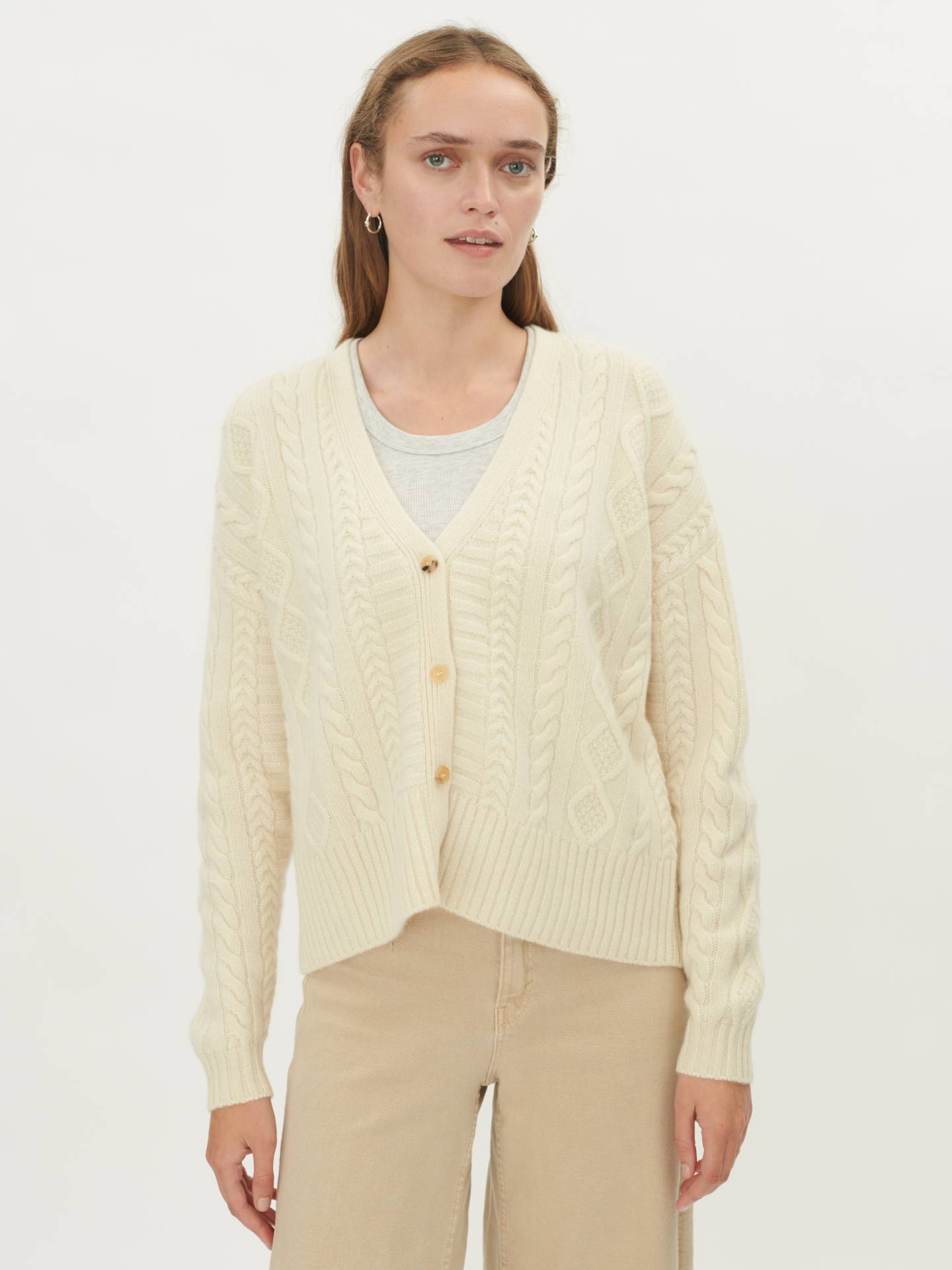 Damen Grobmaschige Strickjacke Aus Kaschmir Gebrochenes Weiß - Gobi Cashmere