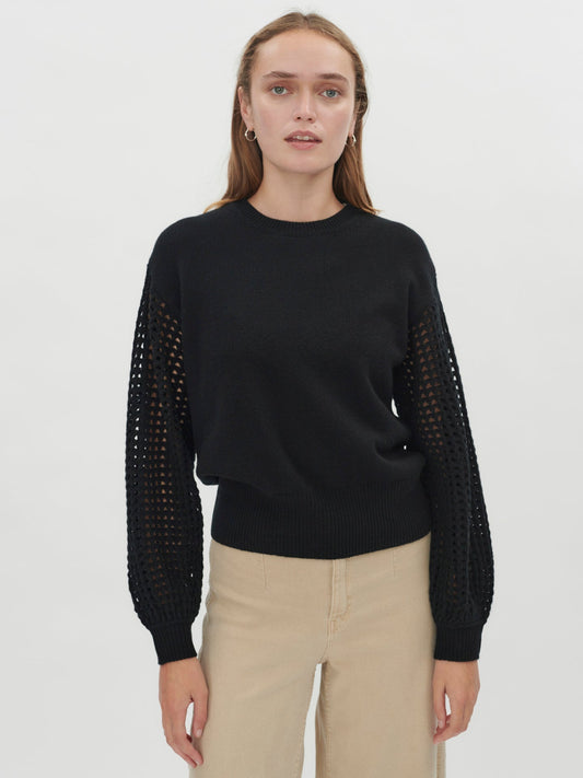 Damen Kaschmir Rundhals-Ausschnitt Mit Ajour-Ärmel Schwarz - Gobi Cashmere