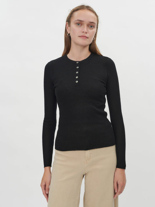 Damen Gerippter Henley Pullover aus Kaschmir schwarz - Gobi Cashmere