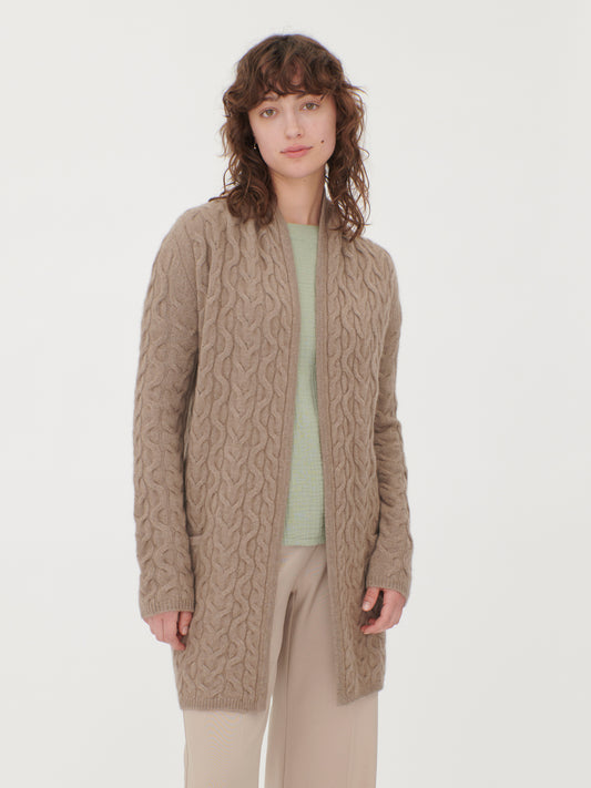 Damen Kaschmir Strickjacke Mit Zopfmuster Taupe - Gobi Cashmere