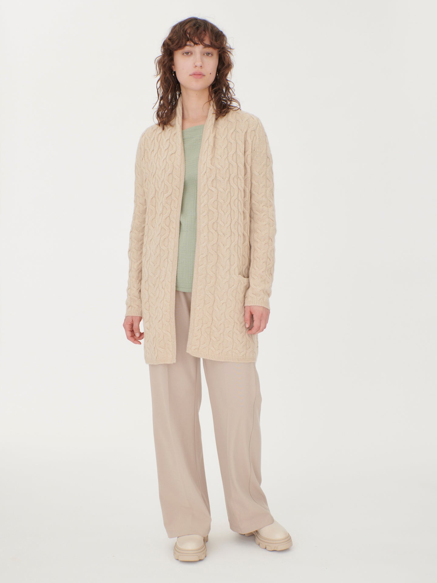Damen Kaschmir Strickjacke Mit Zopfmuster Beige - Gobi Cashmere