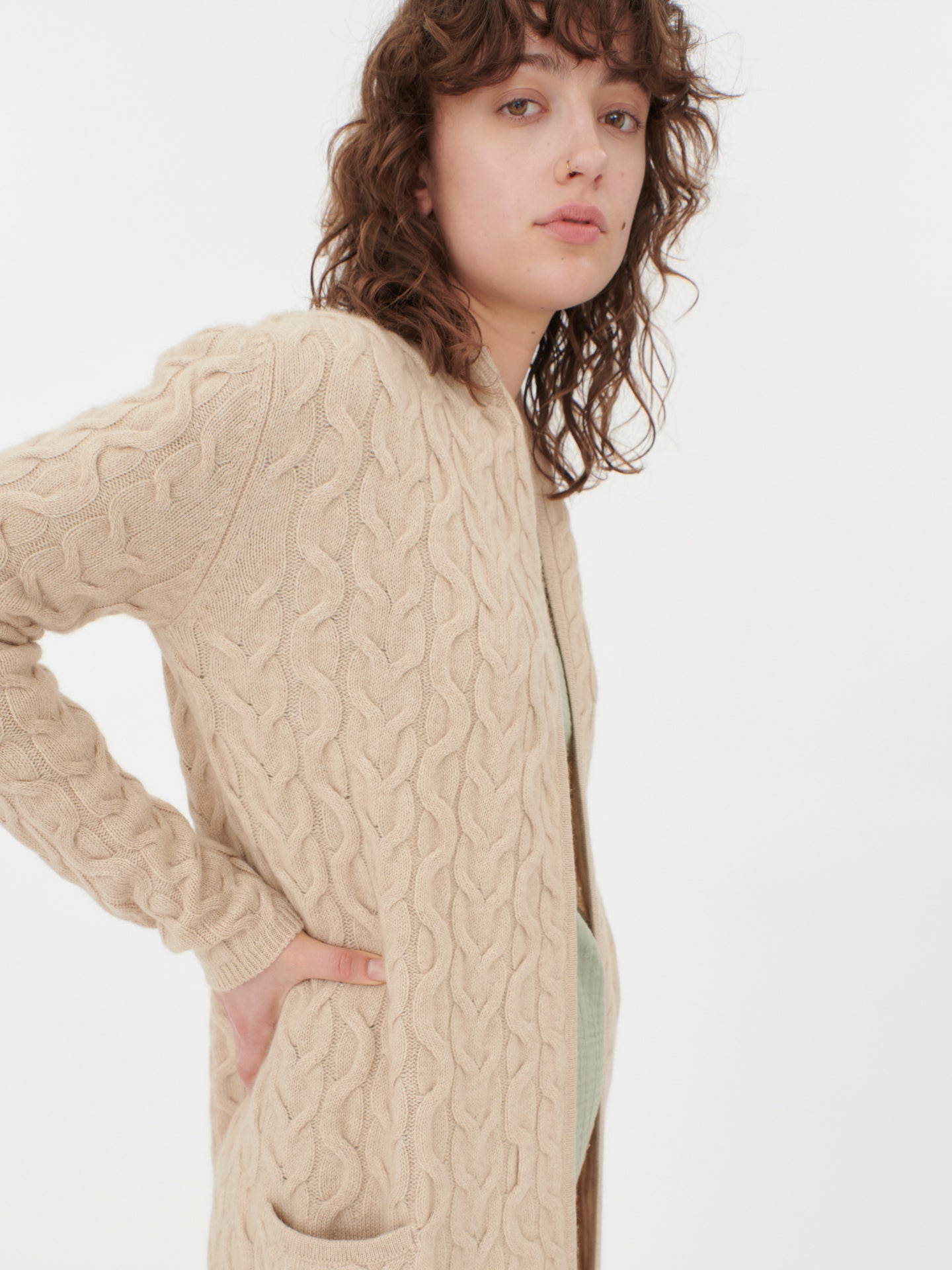 Damen Kaschmir Strickjacke Mit Zopfmuster Beige - Gobi Cashmere