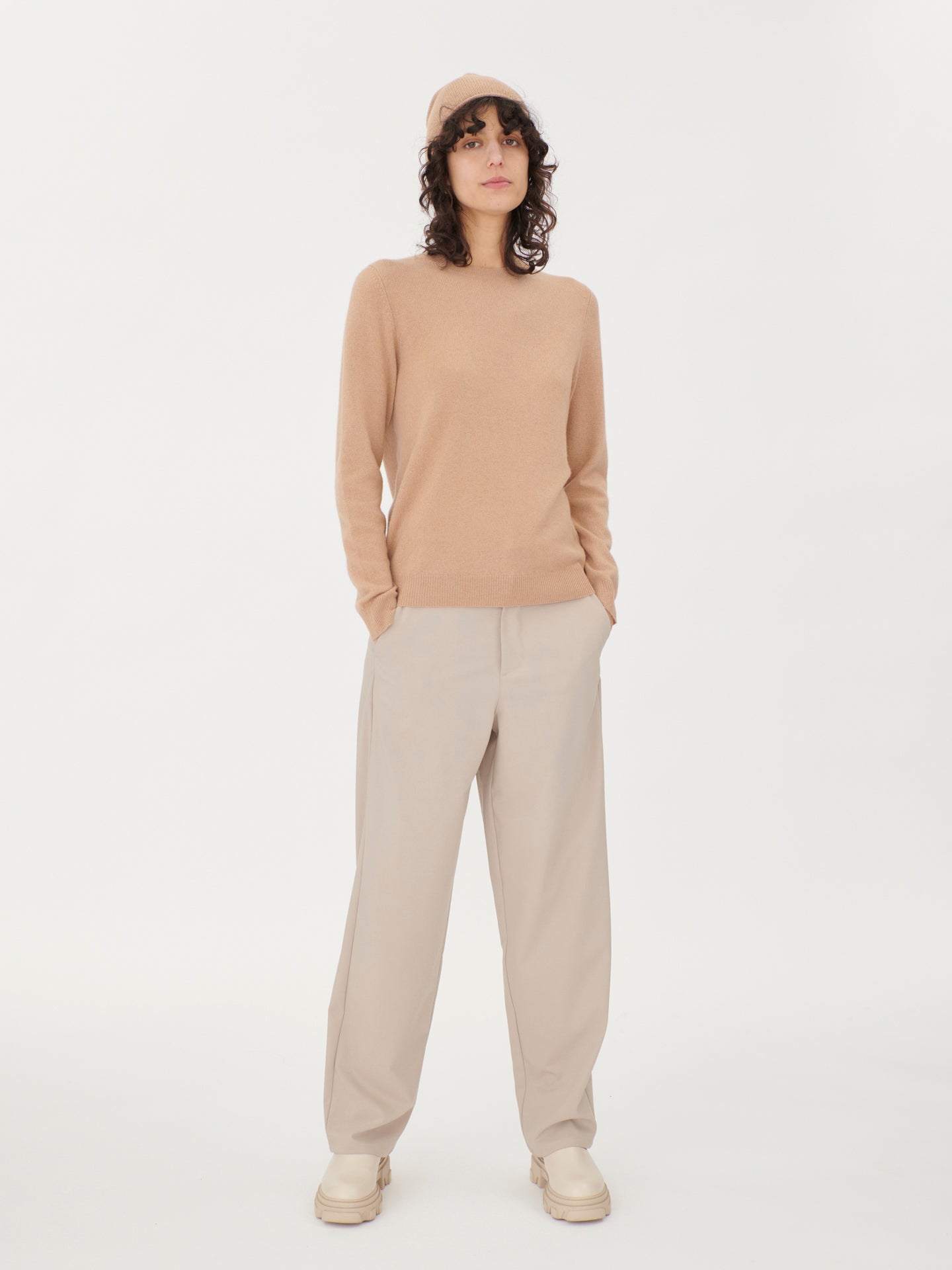 Damen Kaschmir 99€ Set aus Pullover und Mütze Hellkamel - Gobi Cashmere