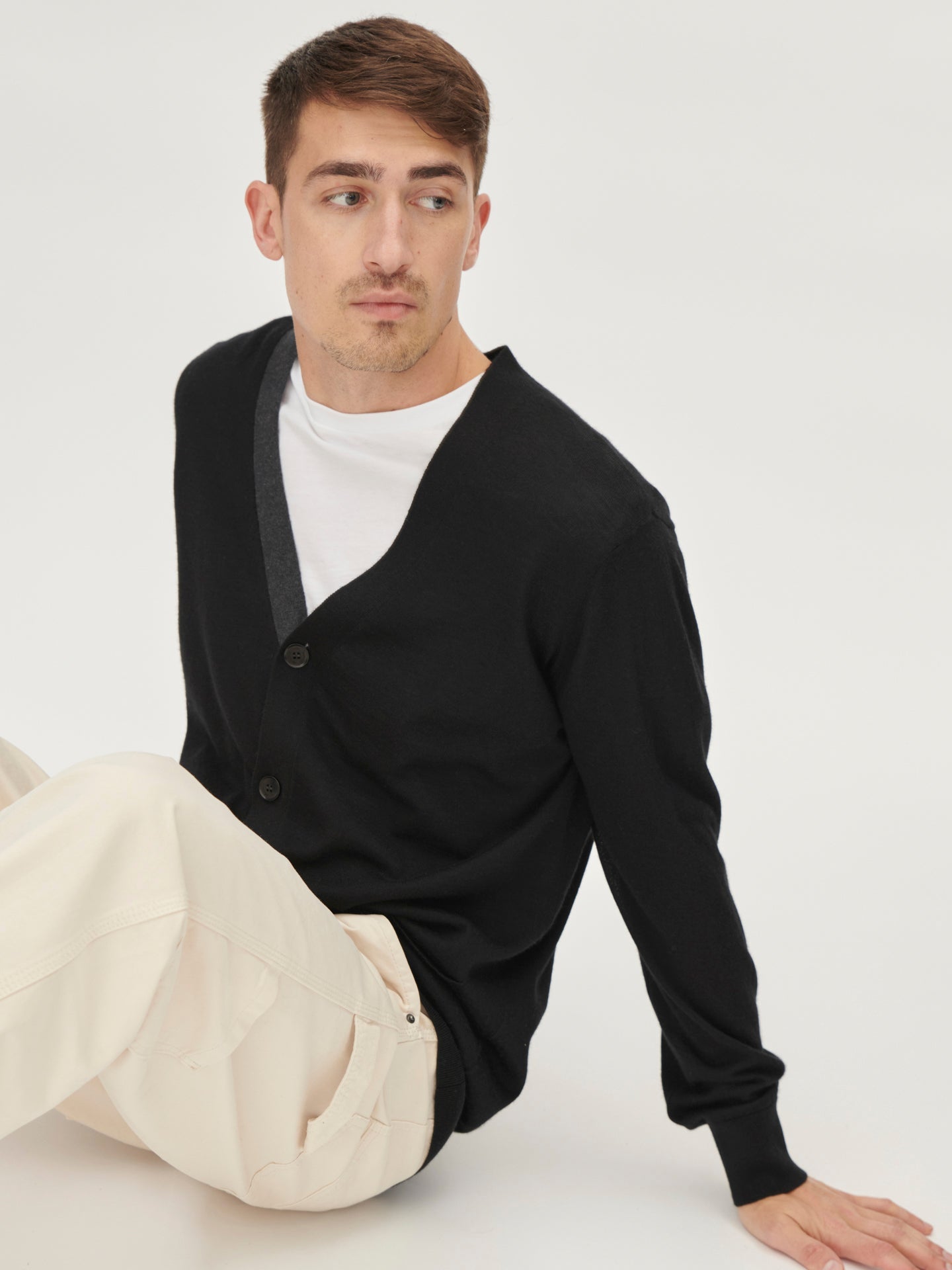 Men's Cashmere Contrast Placket Cardigan Black - Gobi Cashmere