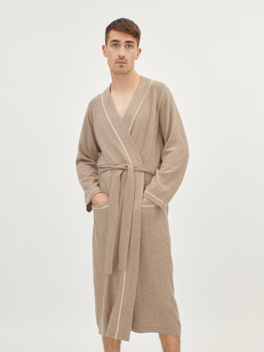 Herren Kaschmir Morgenmantel Mit Kontraststreifen Taupe - Gobi Cashmere