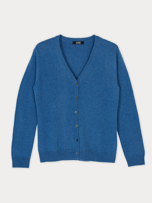 Damen Kaschmir V-Ausschnitt Strickjacke mit Knöpfen Blau - Gobi Cashmere