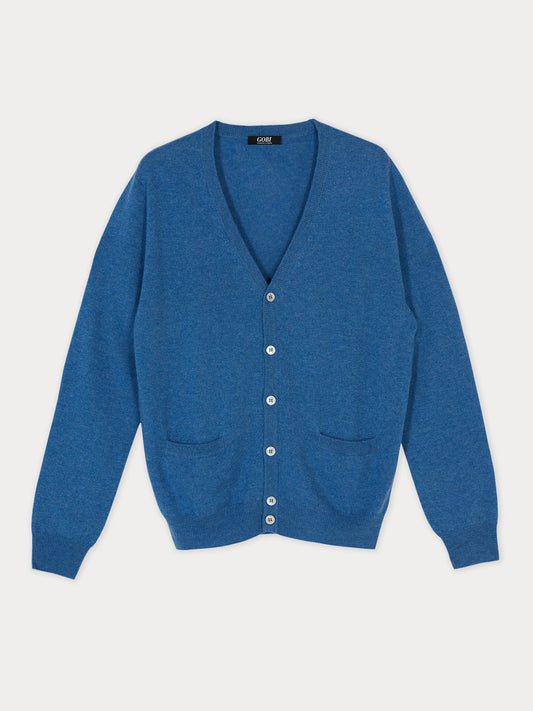 Herren Kachmir V-Ausschnitt Strickjacke Mit Knöpfen Blau - Gobi Cashmere