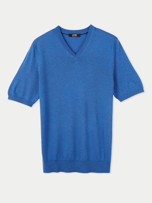 Herren Kaschmir-Seiden T-shirt mit V-Ausschnitt Nautical blue - Gobi Cashmere