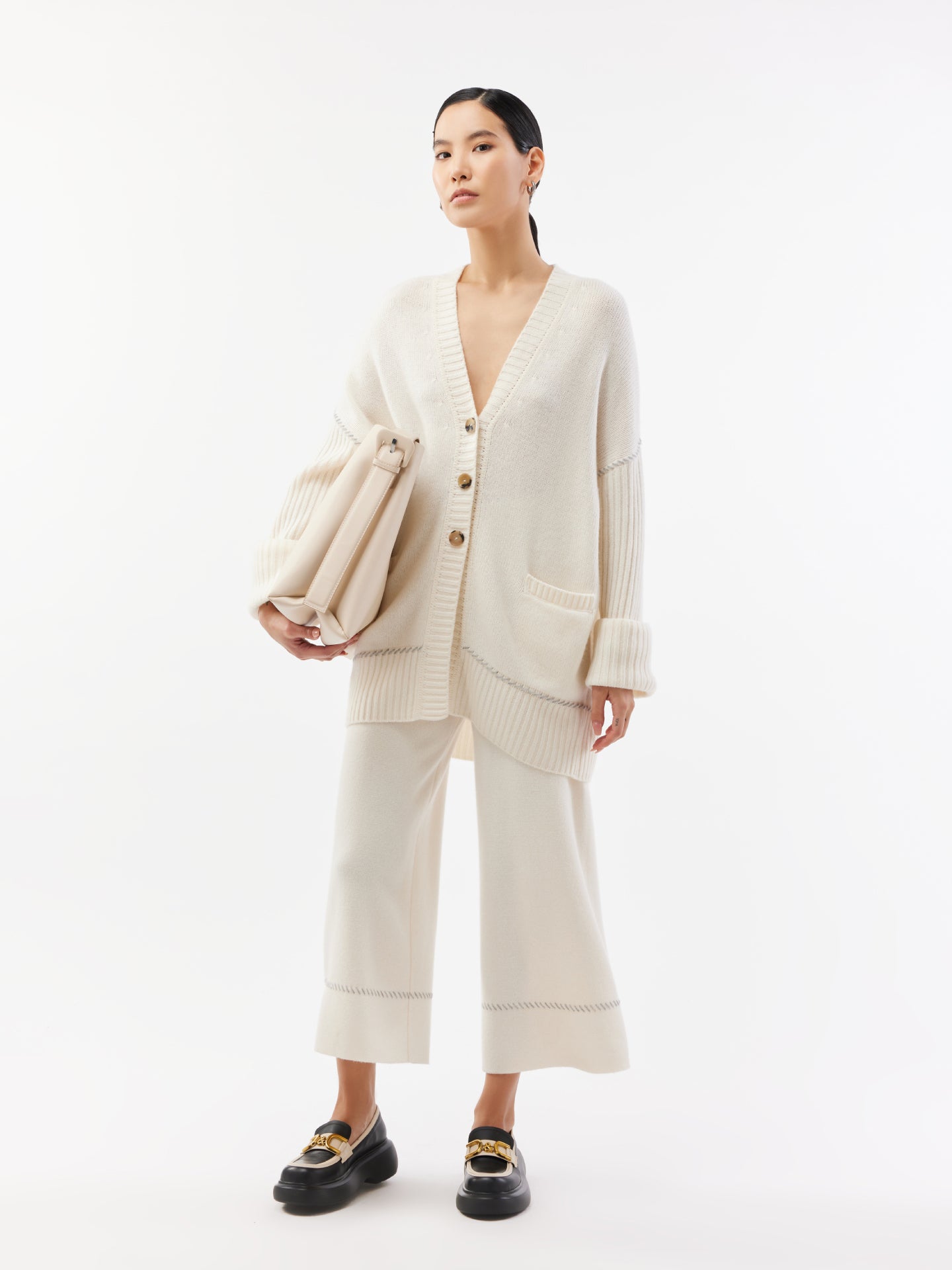 Bestickte weite Kaschmirhose Weiß - Gobi Cashmere