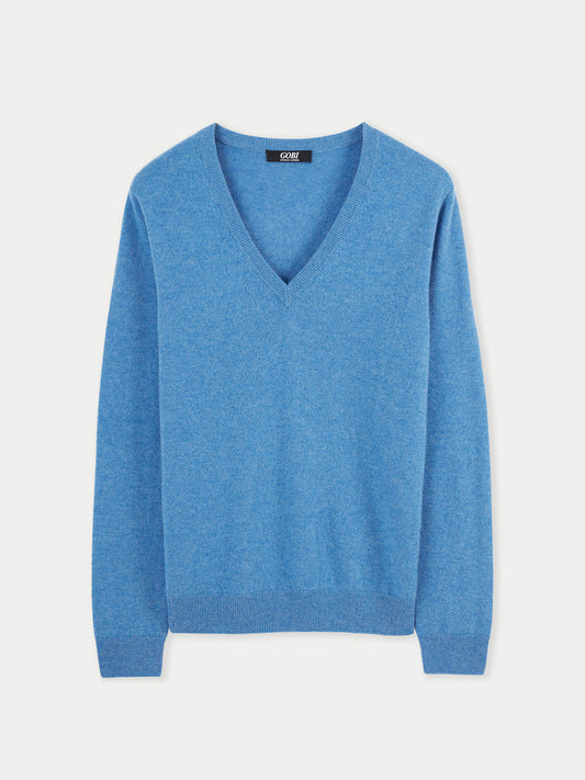 Damen Kaschmir Basic V-Ausschnitt Pullover Blau - Gobi Cashmere