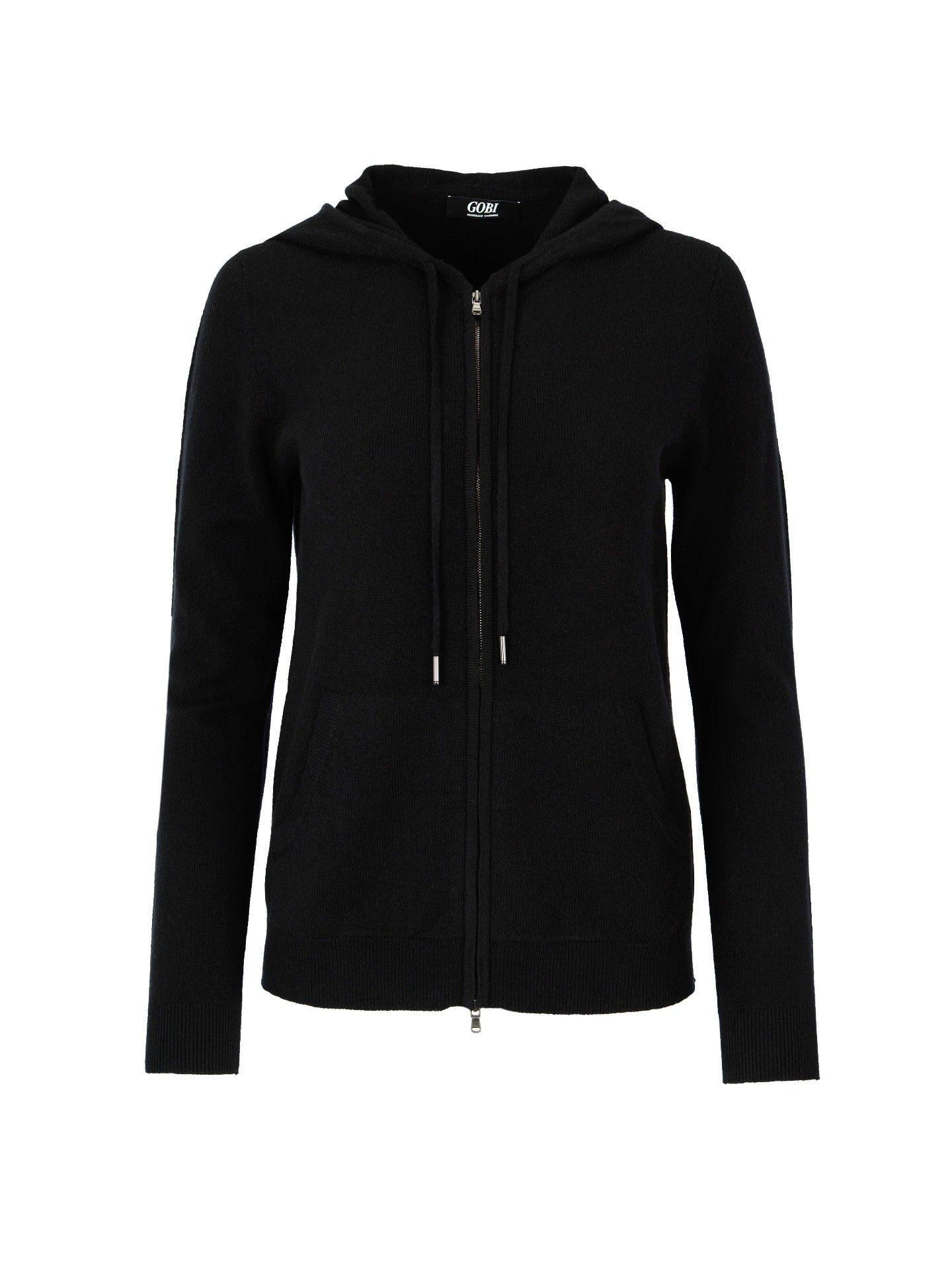 Damen Kaschmir Kapuzen-Strickjacke mit Reißverschluss Schwarz - Gobi Cashmere